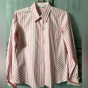 Pink and white striped long sleeve blouse with turn back cuffs.